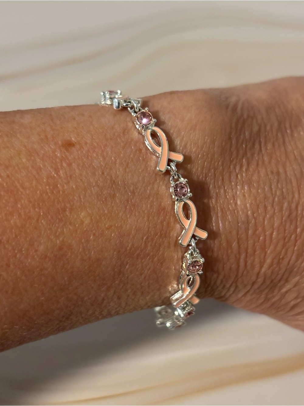 Avon Pink Ribbon Silver Bracelet with Pink Crystal Accents 7”